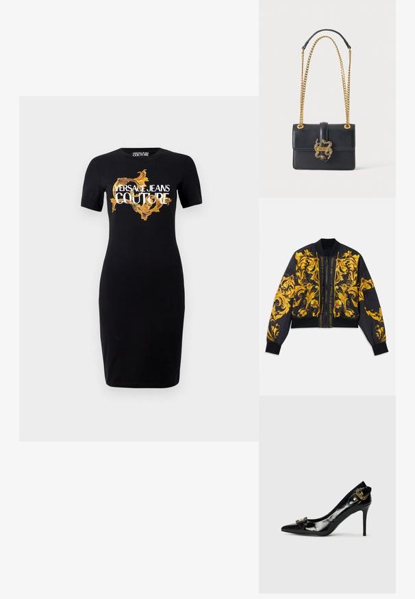 Schwarze Bomberjacke mit goldenem Blumenmuster, gerippten Bündchen und Saum, Reißverschluss und Seitentaschen. Mit Logotext auf der Vorderseite.; Schwarzes, tailliertes Kleid mit kurzen Ärmeln, das das gold-weiße "VERSACE JEANS COUTURE"-Logo und komplexe goldene Muster auf der Vorderseite zeigt.; Schwarzer Lackleder-High-Heel-Schuh mit spitzer Zehe, einer Schleifendetaillierung auf der Vorderseite und einer dekorativen goldfarbenen Hardware-Akzent auf der Rückseite.; Schwarze Leder-Umhängetasche mit goldener Kette und dekorativem goldfarbenem schlangenförmigem Verschluss auf der Vorderklappe.