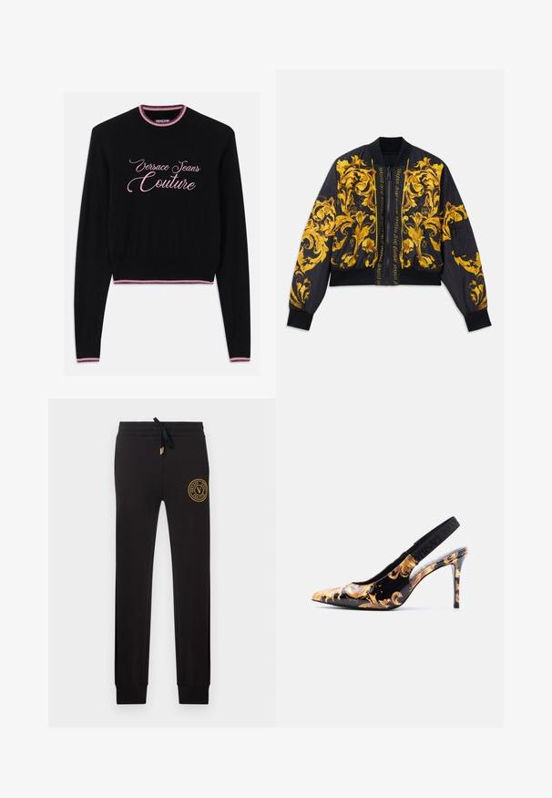 Chaqueta bomber negra con patrón floral dorado, puños y dobladillo acanalados, cierre de cremallera y bolsillos laterales. Presenta texto del logo en la parte frontal.; Jersey negro con la inscripción "Versace Jeans Couture" en cursiva rosa. Cuello redondo y dobladillo acanalados con acentos a rayas en rosa y púrpura. Mangas largas.; Pantalones jogger negros de corte ajustado con cintura ajustable con cordón y parche con el logo dorado de Versace Jeans Couture en la parte superior del muslo izquierdo.; Zapato de tacón alto slingback negro con puntera puntiaguda, patrón barroco dorado y cinta elástica con marca sobre fondo blanco.