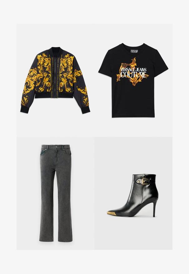 Zwarte bomberjack met gouden bloemenpatroon, ribgebreide mouw- en zoomranden, ritssluiting en zijzakken. Kenmerkt logo-tekst op de voorkant.; Zwarte katoenen t-shirt met witte tekst "VERSACE JEANS COUTURE" en een sierlijk gouden ontwerp rond de tekst, korte mouwen, ronde halslijn.; Grijze denim flare jeans met een vervaagde wassing, vijf zakken, riemlussen en een enkele knoopsluiting. Zachte textuur en recht model.; Zwarte enkellaars van glanzend leer met een spits toelopende neus, naaldhak en goudkleurige sierhardware met een decoratieve gespdetail.
