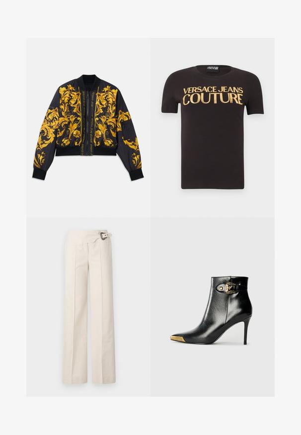 Veste bomber noire avec motif floral doré, poignets et ourlet côtelés, fermeture éclair et poches latérales. Présente un texte de logo sur le devant.; T-shirt noir à manches courtes avec "Versace Jeans Couture" en grandes lettres dorées sur la poitrine, col rond et étiquette en tissu à l'intérieur.; Pantalons larges en tissu crème avec une surface texturée. Présente des plis latéraux et une ceinture décorative avec une boucle circulaire.; Bottine noire en cuir brillant, avec un bout pointu, un talon aiguille, et des accessoires dorés ornés d'une boucle décorative.