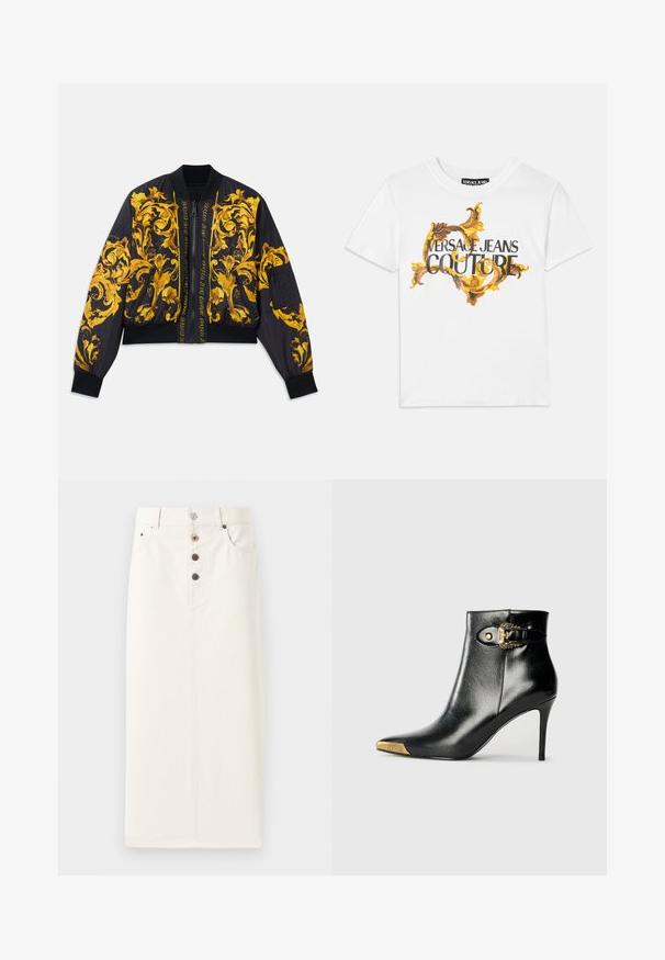 Zwarte bomberjack met gouden bloemenpatroon, ribgebreide mouw- en zoomranden, ritssluiting en zijzakken. Kenmerkt logo-tekst op de voorkant.; Witte katoenen T-shirt met een gouden en bruine barokprint, met "VERSACE JEANS COUTURE" prominent weergegeven in zwarte letters.; Witte denim rok met knopen in een rechte pasvorm, voorzien van vijf metalen knopen en twee zijzakken, met een gladde textuur en een knielange ontwerp.; Zwarte enkellaars van glanzend leer met een spits toelopende neus, naaldhak en goudkleurige sierhardware met een decoratieve gespdetail.
