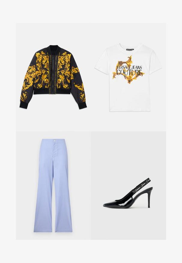 Veste bomber noire avec motif floral doré, poignets et ourlet côtelés, fermeture éclair et poches latérales. Présente un texte de logo sur le devant.; T-shirt en coton blanc avec un motif baroque doré et marron, avec "VERSACE JEANS COUTURE" affiché en lettres noires.; Pantalons larges rayés bleu et blanc, avec une taille haute, ajustés en haut, dotés d'une fermeture à bouton à l'avant et d'une texture lisse.; Escarpin noir en cuir verni avec un design à bout pointu,Featuring une section découpée et une sangle élastique embossée du nom de la marque.