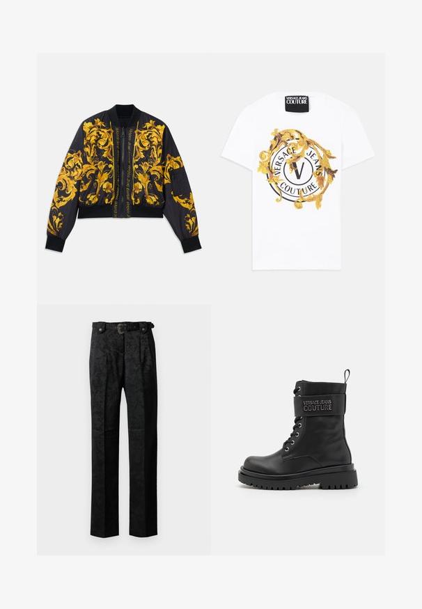 Veste bomber noire avec motif floral doré, poignets et ourlet côtelés, fermeture éclair et poches latérales. Présente un texte de logo sur le devant.; T-shirt en coton blanc présentant un graphique rond avec des motifs noirs et dorés, y compris un logo circulaire et des éléments décoratifs.; Pantalon formel noir avec un motif floral subtil, plis avant, passants de ceinture et une ceinture à boucle décorative sur fond uni.; Botte de combat noire avec une finition brillante, dotée d'une cheville rembourrée, d'un laçage à l'avant et d'une sangle estampillée du logo sur le dessus. Semelle en caoutchouc.