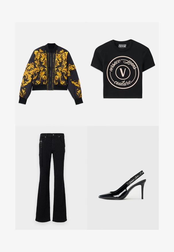 Veste bomber noire avec motif floral doré, poignets et ourlet côtelés, fermeture éclair et poches latérales. Présente un texte de logo sur le devant.; T-shirt en coton noir avec un grand logo circulaire beige comprenant "Versace Jeans Couture" et un "V" central dans une police élégante. Manches courtes.; Jeans évasés noirs en tissu texturé avec un motif subtil, quincaillerie argentée et poches avant. Détail zippé sur le côté.; Escarpin noir en cuir verni avec un design à bout pointu,Featuring une section découpée et une sangle élastique embossée du nom de la marque.