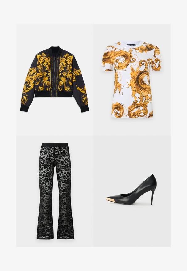 Chaqueta bomber negra con patrón floral dorado, puños y dobladillo acanalados, cierre de cremallera y bolsillos laterales. Presenta texto del logo en la parte frontal.; Camiseta blanca de manga corta de Versace Jeans con elaborados patrones barrocos en tonos dorados y marrones en forma de remolinos y salpicaduras.; Pantalones de encaje negro acampanados con patrón floral, cinturilla elástica negra, textura transparente y una silueta ajustada.; Zapato de tacón alto de cuero negro con puntera afilada; presenta un detalle metálico dorado en la tapa del tacón. Superficie lisa con un diseño elegante.