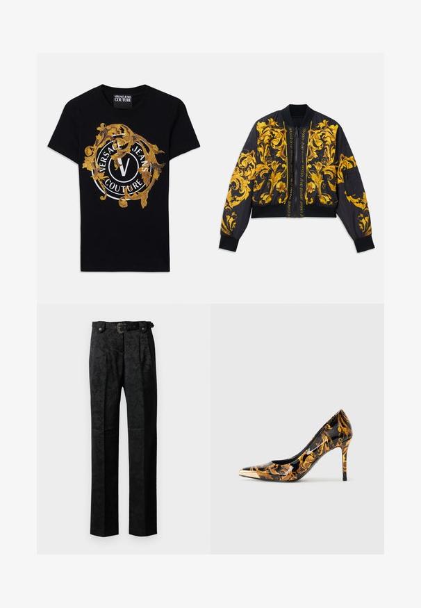 Chaqueta bomber negra con patrón floral dorado, puños y dobladillo acanalados, cierre de cremallera y bolsillos laterales. Presenta texto del logo en la parte frontal.; Camiseta de manga corta negra de Versace Jeans Couture con diseño barroco dorado y logo circular blanco centrado en la parte frontal.; Pantalones formales negros con un sutil patrón floral, pliegues frontales, pasadores para cinturón y un cinturón decorativo con hebilla sobre un fondo liso.; Zapato de tacón alto con punta afilada, superficie negra brillante, adornado con patrones florales dorados y una tapa metálica dorada en la punta.