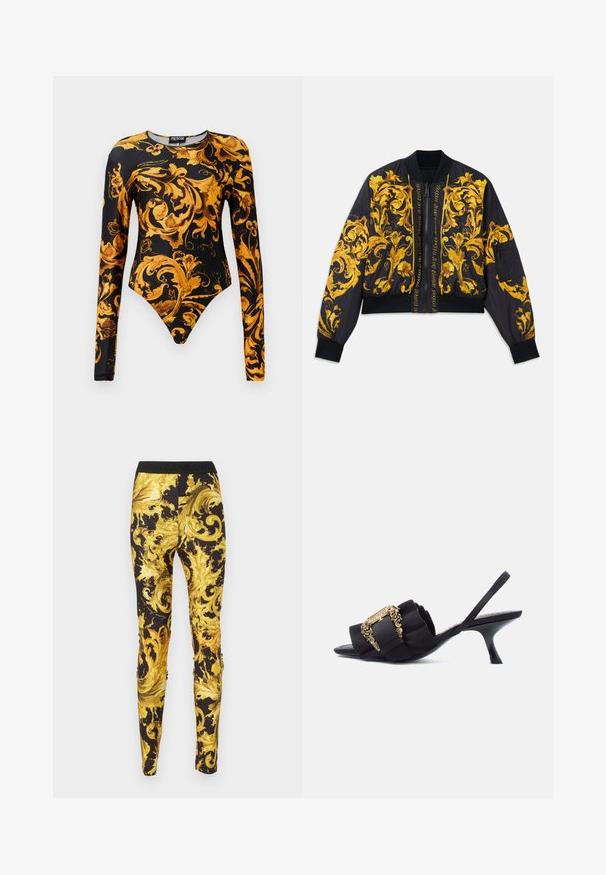 Sort bomberjakke med guld blomstermønster, ribbede manchetter og kant, lynlås lukning og sidelommer. Har logo tekst på forsiden.; Sort bodysuit med lange ærmer, der har udsmykkede gyldne blomsterdesigns og en højskåret benudskæring. Fremstillet af glat materiale.; Sorte leggings med udsmykkede, lyse gule og gyldne barok-inspirerede svungne mønstre og en sort talje med tekst.; Sort kittenhæl slingback med samlet rem og udsmykket guldbeslag på hvid baggrund.