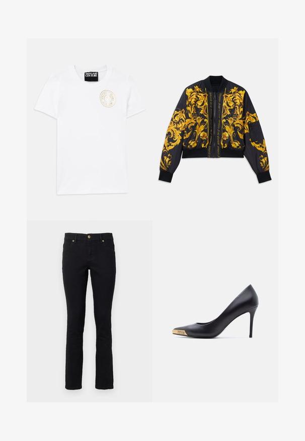 Sort bomberjakke med guld blomstermønster, ribbede manchetter og kant, lynlås lukning og sidelommer. Har logo tekst på forsiden.; Hvid bomulds T-shirt med korte ærmer og rund halsudskæring. Har et guld broderet logo på brystet. Simpelt og klassisk design.; Sorte denimjeans med lige snit, fem-lomme design, knaplukning og hardware-accenter i guldtoner. Blød tekstur med minimal detaljer.; Sort læder højhælet pumpe med spids snude, guldmetalspids indgraveret med "Versace Jeans Couture," vist fra siden på hvid baggrund.