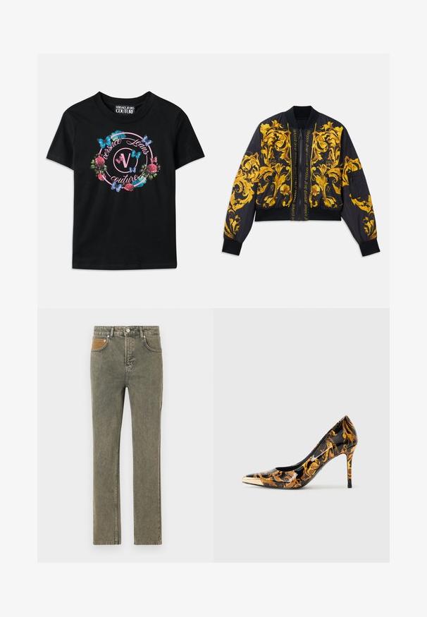 Chaqueta bomber negra con patrón floral dorado, puños y dobladillo acanalados, cierre de cremallera y bolsillos laterales. Presenta texto del logo en la parte frontal.; Camiseta negra con un gráfico colorido de flores y mariposas, con acentos en rosa y azul. "Versace Jeans Couture" impreso en un diseño circular.; Jeans de mezclilla verde con un diseño de pierna recta, que cuentan con un bolsillo de acento de pana marrón y un sutil desgastado en toda la tela.; Zapato de tacón alto con punta afilada, superficie negra brillante, adornado con patrones florales dorados y una tapa metálica dorada en la punta.