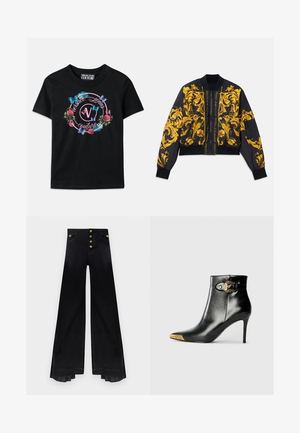 Chaqueta bomber negra con patrón floral dorado, puños y dobladillo acanalados, cierre de cremallera y bolsillos laterales. Presenta texto del logo en la parte frontal.; Camiseta negra con un gráfico colorido de flores y mariposas, con acentos en rosa y azul. "Versace Jeans Couture" impreso en un diseño circular.; Pantalones negros de talle alto y corte ancho con cinco botones dorados y detalles plisados en el interior del dobladillo.; Botín negro hasta el tobillo fabricado en cuero brillante, con punta puntiaguda, tacón de aguja y detalles dorados con una hebilla decorativa.