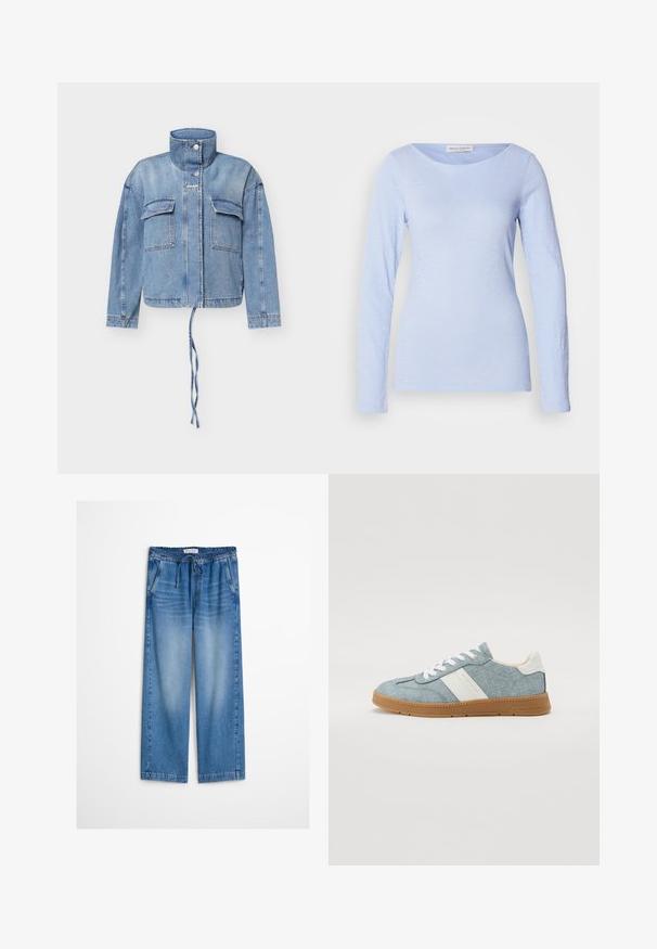 Lichtblauwe spijkerjasje met hoge kraag, knoopsluiting aan de voorkant, twee borstzakken met klep, lange mouwen en verstelbare trekkoord aan de zoom.; Lichtblauw langpoloshirt met een ronde hals, gemaakt van zachte, textuurrijke stof, met subtiele tonale variaties en een getailleerde pasvorm.; Lichtblauwe denim broek met wijde pijpen, elastische tailleband en trekkoord, met lichte vervaging en een ontspannen pasvorm.; Denim canvas sneaker met lichtblauwe bovenkant, witte zijstreep en rubberen gumzool. Voorzien van witte veters en een gevoerde kraag.