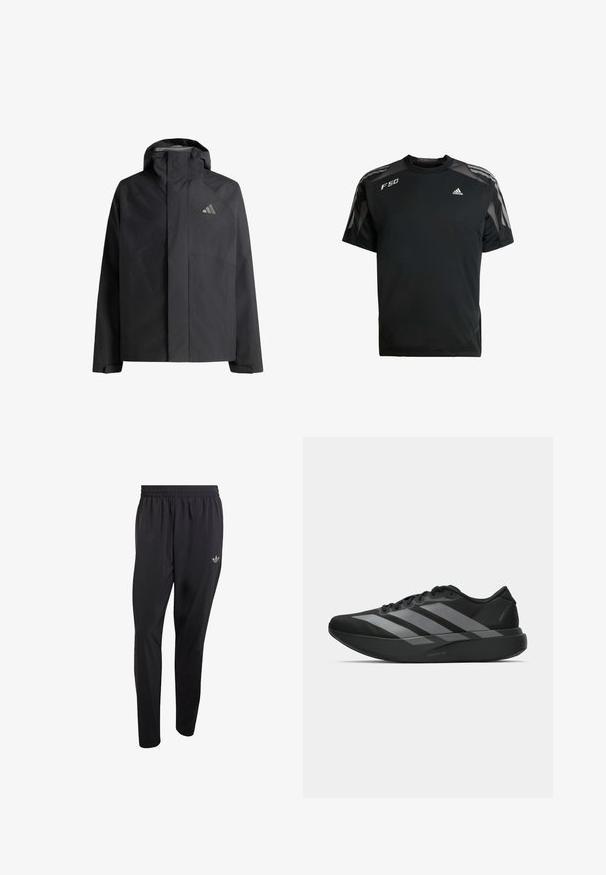 Zwarte waterdichte jas met capuchon, volledige ritssluiting aan de voorkant bedekt door een flap, lange mouwen met verstelbare manchetten en een klein reflecterend logo op de borst.; Zwarte sportieve t-shirt gemaakt van lichtgewicht stof, met mesh schouderpanelen, korte mouwen en witte adidas en F50 logo's.; Zwarte sportbroek gemaakt van lichtgewicht materiaal, voorzien van een elastische tailleband en een klein reliëflogo op het bovenste gedeelte van het linkerbeen.; Zwarte sportieve schoenen met een lichtgewicht ontwerp, voorzien van drie opvallende grijze strepen, een gladde textuur en een gevormde zool.