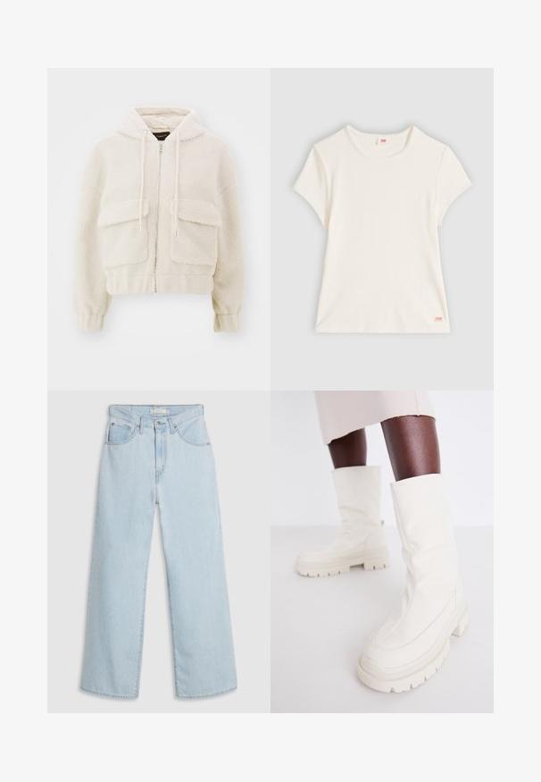 Hoodie raccourci en crème, fabriqué en polaire texturée. Comprend une fermeture éclair à l'avant, deux grandes poches à patch et des cordons de serrage au niveau de la capuche.; T-shirt blanc à manches courtes en coton côtelé, avec un col rond et une petite étiquette logo Levi's en bas de l'ourlet.; Jean large en denim bleu clair à taille haute, avec une fermeture à bouton et zip, deux poches avant et des détails de couture subtils.; Bottines blanches à la cheville avec une finition douce et texturée, dotées d'une semelle en caoutchouc épaisse et d'une forme sculptée pour un design moderne.