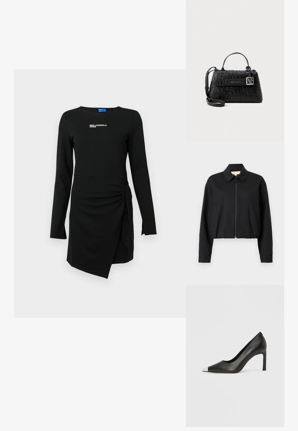 Schwarze, kurz geschnittene Jacke mit Kragen, vorderem Reißverschluss und zwei Seitentaschen. Hergestellt aus glattem, leichtem Stoff.; Schwarzes Langarmkleid mit Rundhalsausschnitt. Verfügt über einen asymmetrischen Saum, seitliche Bindegürtel und weißen Logotext auf der Brust. Weicher Stoff.; Schwarzer Lederschuh mit hohem Absatz, spitz zulaufender Zehenpartie und metallischer silberner Spitze. Verfügt über eine glatte Oberfläche und einen schlanken 10 cm hohen Absatz.; Schwarze Handtasche aus strukturiertem Material, mit geprägtem Markenlogo, einem oberen Griff und einem abnehmbaren Schultergurt mit silberner Hardware.