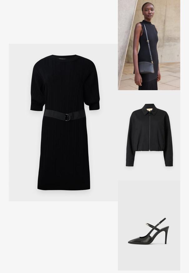 Schwarze, kurz geschnittene Jacke mit Kragen, vorderem Reißverschluss und zwei Seitentaschen. Hergestellt aus glattem, leichtem Stoff.; Schwarzes geripptes Strickkleid mit kurzen Puffärmeln und einem kontrastierenden schwarzen Gürtel mit einem Metallschmuckdetail in der Taille.; Schwarze Slingback-Pumps aus Leder mit spitz zulaufender Spitze, Cut-Out-Design und verstellbarem Riemen mit metallischem Beschlag.; Junge Frau in einem ärmellosen schwarzen Kleid, die eine schwarze Leder-Umhängetasche trägt, steht vor einem hellen Betonwand-Hintergrund.