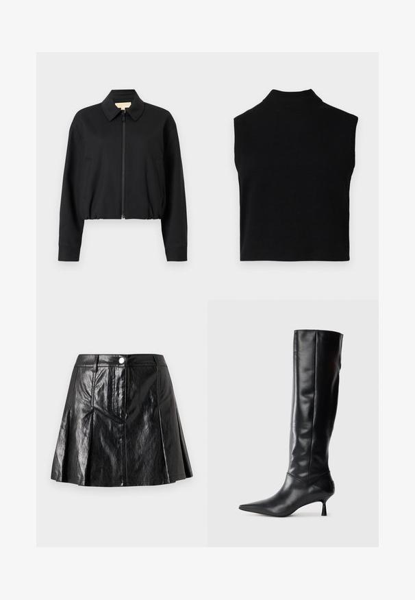 Chaqueta negra corta con cuello con solapa, cierre frontal de cremallera y dos bolsillos laterales. Fabricada con tela suave y ligera.; Top negro sin mangas de cuello alto con un diseño ajustado, hecho de una tela suave, con un cuello acanalado y una textura lisa.; Falda negra de cuero sintético con diseño acampanado, con pliegues frontales, cierre con botón metálico y bolsillos laterales. Textura lisa y brillante.; Bota de cuero negra hasta la rodilla con punta afilada y tacón delgado curvado. Textura suave, diseño ajustado y sin hardware ni patrones visibles.