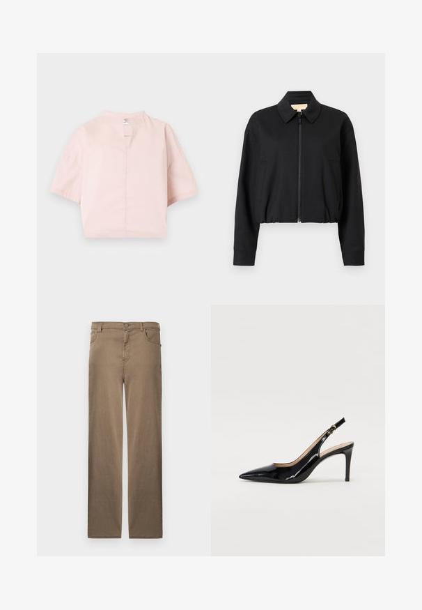 Veste courte noire avec un col à revers, une fermeture éclair à l'avant et deux poches latérales. Fabriquée en tissu lisse et léger.; Blouse rose clair à manches courtes avec un col montant et une fente frontale, présentée sur un fond blanc uni.; Pantalon marron à jambes droites avec bouton à l'avant, fermeture éclair, et poches avant et arrière, présenté sur un fond blanc.; Pompe slingback en cuir verni noir avec un bout pointu, un talon fin et un design de découpes subtil. Elle dispose d'une boucle dorée sur la sangle.