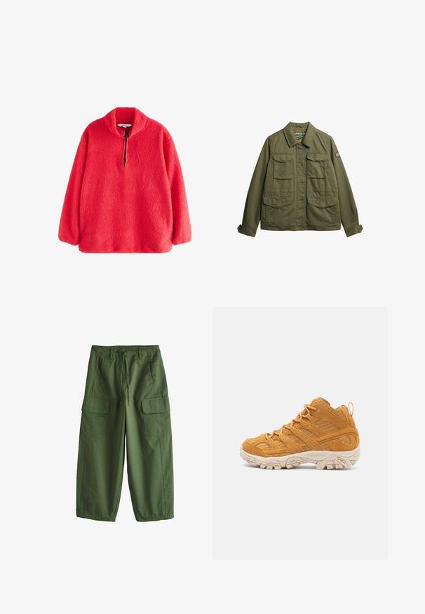 Veste olive en tissu léger, avec un col, deux poches poitrine et des poignets boutonnés. Logo de la marque sur la manche.; Pull en polaire rouge avec un col montant et une fermeture éclair mi-longue, présentant une surface douce et texturée. Manches longues avec une coupe décontractée.; Pantalon cargo vert olive avec taille à cordon, passants de ceinture, poches latérales à rabat et jambes larges.; Botte de randonnée montante en daim jaune moutarde, avec des superpositions texturées, un embout renforcé et une semelle extérieure en caoutchouc de couleur crème.