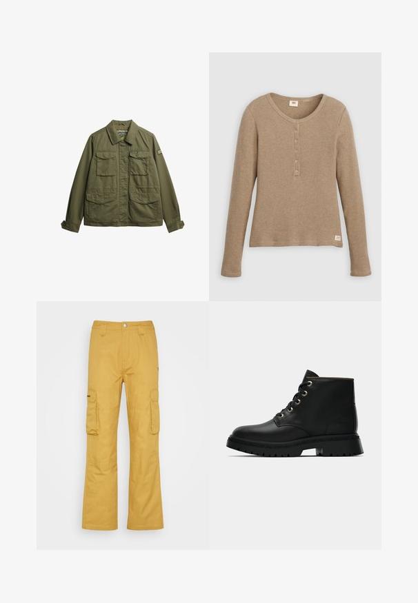 Olijfgroene jack gemaakt van lichtgewicht stof, met een kraag, twee borstzakken en met knopen sluitende mouwen. Merkenlogo op de mouw.; Beige henleyshirt met lange mouwen en wafelstructuur, ronde hals en knoopsluiting met vijf knopen, plat weergegeven tegen een witte achtergrond.; Cargobroek in een rijke mosterdgeel kleur, gemaakt van stevig materiaal. Bevat twee grote zijzakken en heeft een recht gesneden ontwerp.; Zwart leren enkelboot met ronde neus, gouden oogjes en textuurzool. Voorzien van een gevoerde kraag en een kenmerkend logo aan de zijkant.