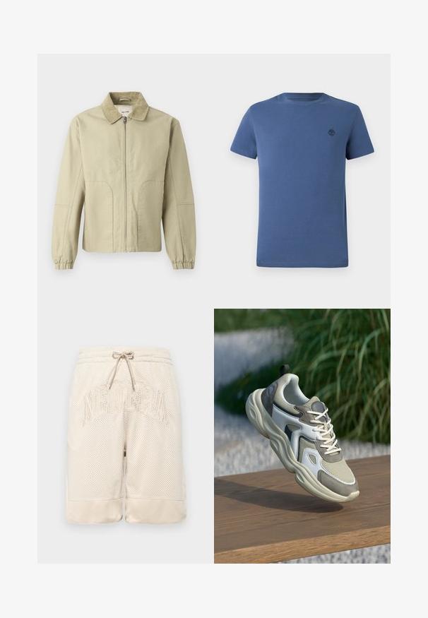 Only & Sons ONSERIK JACKET - Kerge jope - twill; Sinine ümberkaelist T-särk, mis on valmistatud puuvillast, lühikeste varrukatega ja vasakul rinnakul on väike tume puu logo.; Beige võrkkangast lühikesed püksid tekstuuriga pinnaga, millel on köitmisega vöökoht ja esiosas silmatorkavalt tikitud "NEWERA" logo.; Hallitus- ja valge tenniseking, millel on võrgusilmast ülemine, pehmendatud keel, tekstuursed aktsendid ja paks kummist tall, ripub puidust pinna kohal.