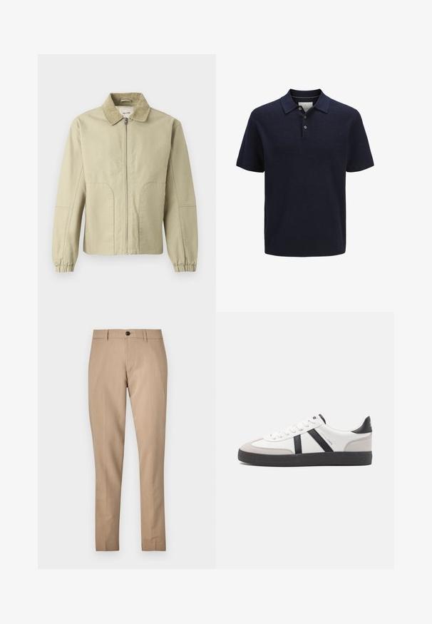 Only & Sons ONSERIK JACKET - Kerge jope - twill; Tumesinine lühikeste varrukatega kudumispolo särk tekstuurse mustriga, kolme nupuga sulguriga ning soonikkoega kaeluse ja äärega.; Beige kohandatud püksid siledast kangast, millel on nööpide sulgemine, vööaasad ja kitsas lõige otse jalgadega.; Valged tossud mustade ja hallide aktsentidega, tekstureeritud halli varbakattega, musta kummitald ja lamedad valged paelad. Puhtad jooned, minimalistlik stiil.