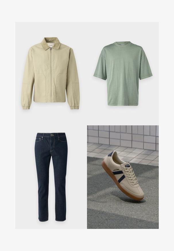 Only & Sons ONSERIK JACKET - Chaqueta de entretiempo - twill; Camiseta de manga corta verde claro con cuello redondo y corte relajado; hecha de un material suave con una textura lisa.; Vaqueros de mezclilla azul oscuro con un diseño de pierna recta, que cuentan con un cierre de botón, cinco bolsillos y costuras en contraste. Textura suave.; Zapatilla beige con acabado texturizado, rayas azul marino y suela de goma. Presenta una lengüeta acolchada y un sistema de cordones tradicional para un ajuste seguro.