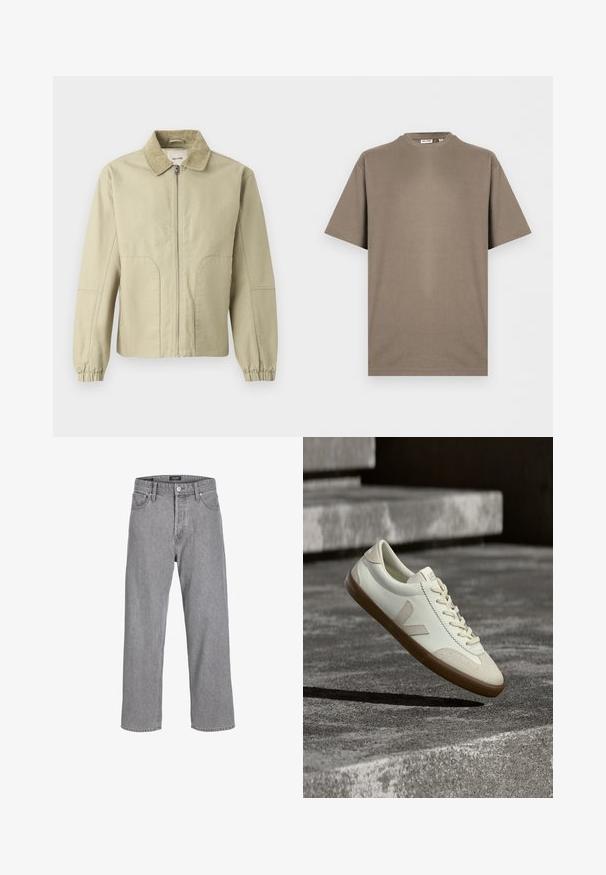 Only & Sons ONSERIK JACKET - Jas - twill; Effen taupekleurig katoenen T-shirt met korte mouwen, ronde hals en losse pasvorm, getoond op een witte achtergrond.; Grijze denim broek met een ontspannen, losse pasvorm. Beschikt over een traditionele vijf-pocket ontwerp en een knoopsluiting bij de tailleband.; Witte leren sneakers met een bruine rubberen zool, platte veters en een V-vormig accent aan de zijkant. Ze hebben een glad oppervlak en minimale stikdetails.