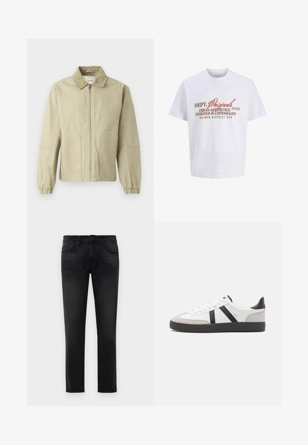 Only & Sons ONSERIK JACKET - Jas - twill; Wit T-shirt met korte mouwen en bruine en roestkleurige tekst waarop staat: "DEPT. Originals Urban Aesthetics Designed in Copenhagen Holmen District CPH."; Zwarte slim-fit jeans met vijf zakken, riemlussen en knoopsluiting, plat gelegd op een witte achtergrond.; Witte sneaker met zwarte en grijze accenten, voorzien van een grijze neus met textuur, zwarte rubberen zool en platte witte veters. Schoon ontwerp, minimalistische stijl.