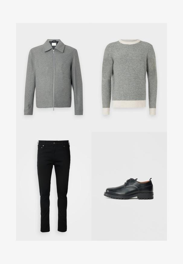 Grå langærmet uldjakke med sølvfarvet lynlås foran og klassisk krave, præsenteret på en hvid baggrund.; Grå og creme stribet sweater med ribbet rund hals og manchetter. Fremstillet af struktureret stof, med en tætsiddende design og lange ærmer.; Sorte denim jeans med en slank pasform, featuring en lynlås foran, bæltestropper og forlommer. Glat tekstur, minimal detailing, klassisk design.; Sorte læder derby-sko med en glat overflade, rund tå, snøre-design og en tyk, robust gummisål.