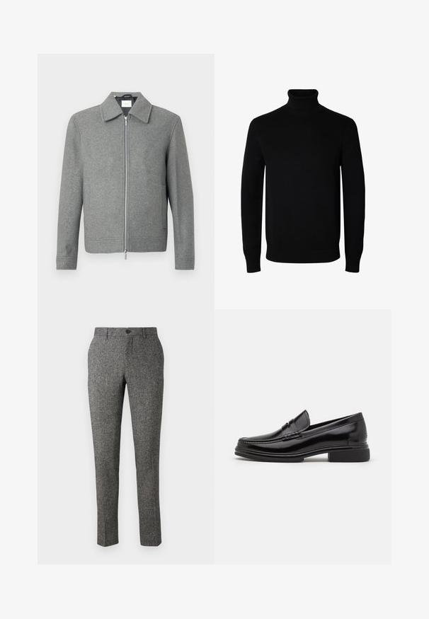 Grajanger Wolljacke mit langen Ärmeln, Front-Reißverschluss in Silber und klassischem Kragen, auf einem weißen Hintergrund präsentiert.; Schwarzer Langarm-Rollkragenpullover mit gerippten Bündchen und Saum, auf einem schlichten weißen Hintergrund dargestellt.; Lindbergh PANTS - Stoffhose - brown; Schwarze Lederloafers mit runder Zehenform, ausgestattet mit einer genähten Detail über dem Vorderschaft und einem niedrigen Blockabsatz. Glatte Textur und glänzende Oberfläche.