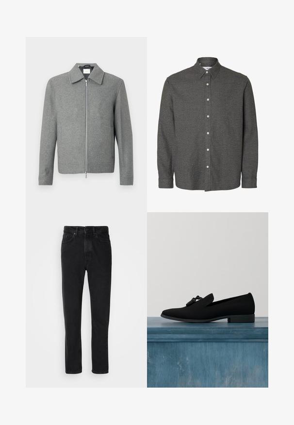Chaqueta de lana gris de manga larga con cremallera plateada frontal y cuello clásico, exhibida sobre un fondo blanco.; Camisa de manga larga gris oscuro con botones, con cuello puntiagudo y botones blancos en el centro delantero.; Jeans de mezclilla negra con un diseño de pierna recta, que presentan un cierre de botón y cremallera, bolsillos frontales y una textura sutil.; Mocasines negros con un upper de tela suave, punta afilada y borlas decorativas. Presentan un tacón bajo y redondeado y un diseño minimalista.