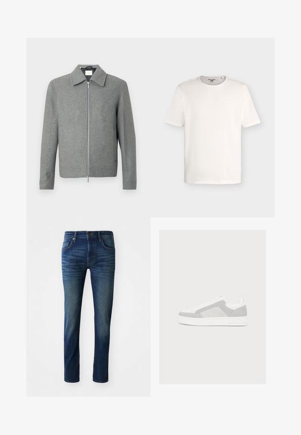 Grå langærmet uldjakke med sølvfarvet lynlås foran og klassisk krave, præsenteret på en hvid baggrund.; Plain hvid t-shirt med korte ærmer og rund halsudskæring, med et lille mærke indeni kraven og et mærkat i siden.; Mørkeblå denim jeans med slim fit, har fem lommer, en frontlukning med knap og en subtil falmet tekstur på benene.; Lavtop hvid sneaker med lysegrå ruskindspaneler, hvide snørebånd og en tyk hvid sål på en ensfarvet lys baggrund.
