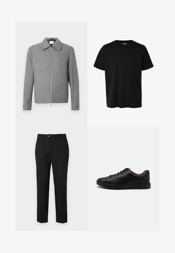 Grå langærmet uldjakke med sølvfarvet lynlås foran og klassisk krave, præsenteret på en hvid baggrund.; Ensfarvet sort t-shirt med korte ærmer og rund hals, herrepasform, uden synlige mønstre eller logoer foran.; Sorte bukser lavet af glat stof, med knaplukning, bælteholdere og to sidelommer. Lige ben-udsnit med minimal detaljering.; Sorte lædersneakers med en glat finish, rund tå og seks huller til snørebånd; har en sort gummisål for godt greb.