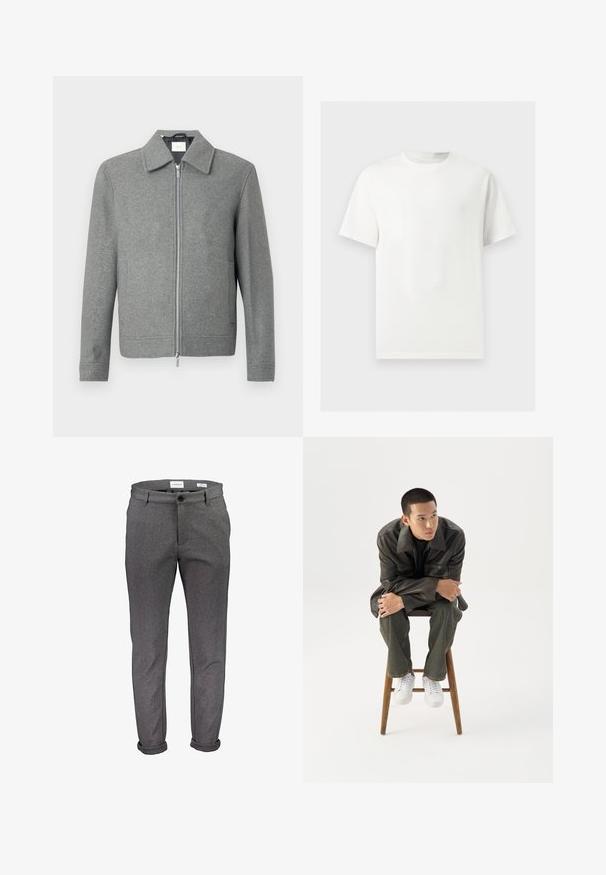 Chaqueta de lana gris de manga larga con cremallera plateada frontal y cuello clásico, exhibida sobre un fondo blanco.; Camiseta blanca lisa de manga corta y cuello redondo mostrada sobre un fondo gris claro.; Pantalones de tela gris con ajuste slim, que cuentan con cierre de un solo botón, trabillas para cinturón y puños doblados. Textura lisa con detalles de costura sutiles.; Joven con chaqueta de cuero oscura y vaqueros sentado en un taburete de madera, inclinado hacia adelante con los brazos cruzados, mirando hacia un lado contra un fondo blanco.