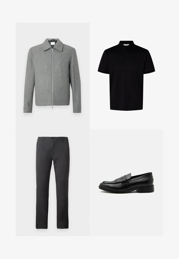 Chaqueta de lana gris de manga larga con cremallera plateada frontal y cuello clásico, exhibida sobre un fondo blanco.; Polo negro de manga corta con cuello y dos botones en el escote, exhibido sobre un fondo blanco liso.; Pantalones negros de tejido suave, con un diseño de pierna recta, bolsillos delanteros y cierre de botón. Estilo minimalista y versátil.; Mocasín negro de cuero para hombre con detalle de borlas, punta redondeada, tacón bajo y acabado liso y pulido, mostrado de lado sobre un fondo blanco.