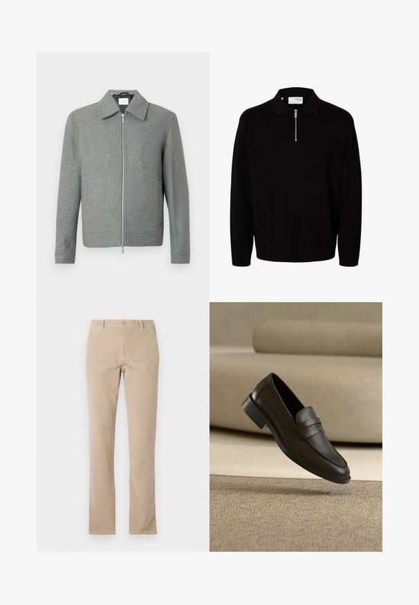 Hall grey pikka, millel on pikad varrukad, hõbedane esi tõmblukk ja klassikaline krae, esitatud valgel taustal.; Mustast pikast varrukast kootud pullover kraega ja lühikese eesmise lukuga, meeste jaoks loodud.; Beežid puuvillased korduroypüksid, otse jalgade disainiga, millel on nööbiklõps ja viis taskut, sile tekstuur.; Mustast nahast mokassiin, mis puhkab beeži vaiba peal, taustal kõverdunud beež diivan.