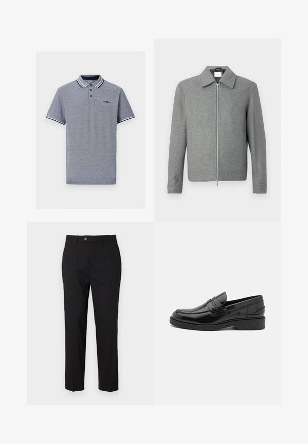 Chaqueta de lana gris de manga larga con cremallera plateada frontal y cuello clásico, exhibida sobre un fondo blanco.; Camisa polo gris con cuello a rayas en contraste en azul marino y blanco, tapeta de tres botones y detalle sutil del logo en el pecho.; Pantalones negros de tela suave, con cierre de botón, trabillas para cinturón y dos bolsillos laterales. Diseño de pierna recta con un detalle mínimo.; Mocasines de cuero negro con un acabado suave, punta redondeada, tacón bajo y costura decorativa en la parte delantera. Suela de goma para mayor agarre.