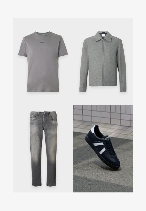 Chaqueta de lana gris de manga larga con cremallera plateada frontal y cuello clásico, exhibida sobre un fondo blanco.; Camiseta de color gris claro hecha de algodón, con mangas cortas y cuello redondo. "REPLAY" está bordado en negro en el pecho.; Pantalones vaqueros de mezclilla gris oscuro con un acabado desgastado, cinco bolsillos, cierre frontal con botón y acentos de costura naranja a lo largo de las costuras.; Zapatilla de cuero negra con rayas blancas, suela de goma texturizada y parte frontal con cordones. Cuenta con una etiqueta de marca en la lengüeta.