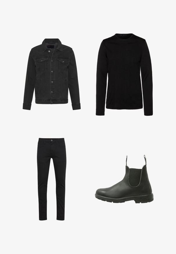 Denim Project DPMKASH DENIM JACKET - Spijkerjas - grey; Zwarte lange mouwen shirt van zacht materiaal met een ronde hals en een slim fit silhouet. Geen zichtbare patronen of extra versieringen.; Zwarte skinny jeans gemaakt van lichtgewicht stof, met een knoopsluiting aan de voorkant, vijf zakken en subtiele stikdetails.; Zwarte leren Chelsea-boot met elastische zijpanelen, ronde neus en een textuur rubberen zool, ontworpen voor gemakkelijke instap.
