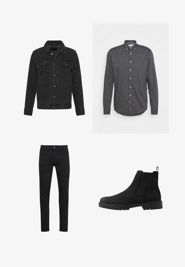 Denim Project DPMKASH DENIM JACKET - Denimová bunda - grey; Tmavo šedá košeľa na gombíky, vyrobená z textúrovaného materiálu s dlhými rukávmi, špicatým golierom a drevenými gombíkmi na prednej strane.; Čierne úzke rifle vyrobené z ľahkej látky, s predným zapínaním na gombíky, piatimi vreckami a jemnými švami.; Pier One by Zalando UNISEX - Klasické členkové čižmy - black