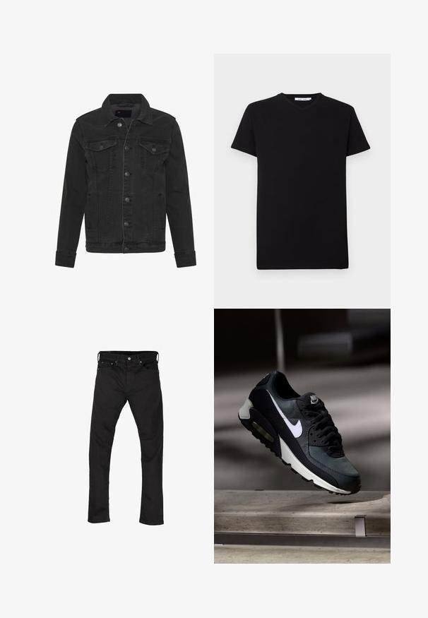 Denim Project DPMKASH DENIM JACKET - Cowboyjakker - grey; Sort bomulds T-shirt med korte ærmer og V-hals. Simpelt design, ensfarvet og blød tekstur. Ingen synlige mønstre eller detaljer.; Sorte denim jeans med lige ben-design, fem-lomme stil og metalknaplukning. Glat tekstur og ensartet farve hele vejen igennem.; Sort og grå Nike Air Max sneaker med hvid swoosh, ophængt over en betongulv mod en sløret mørk baggrund.