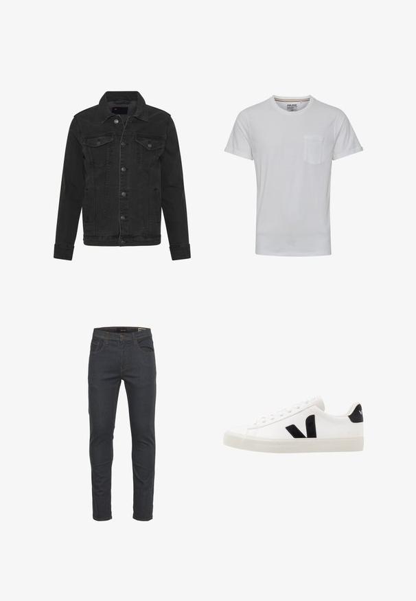 Denim Project DPMKASH DENIM JACKET - Jeansjacke - grey; Weißes Kurzarm-T-Shirt mit rundem Halsausschnitt und einer Brusttasche. Aus einem weichen Stoff gefertigt, mit umgeschlagenen Ärmeln und einem lockeren Schnitt.; Dunkelblaue Denim-Jeans mit schmaler Passform, fünf Taschen, Knopf- und Reißverschluss und kontrastierendem Nähen. Glatte Textur.; Weiße Leder-Sneaker mit schwarzen Wildlederelementen; verfügen über eine Gummisohle, eine runde Spitze und ein klassisches Schnürdesign. Seitliches Logo in Schwarz.