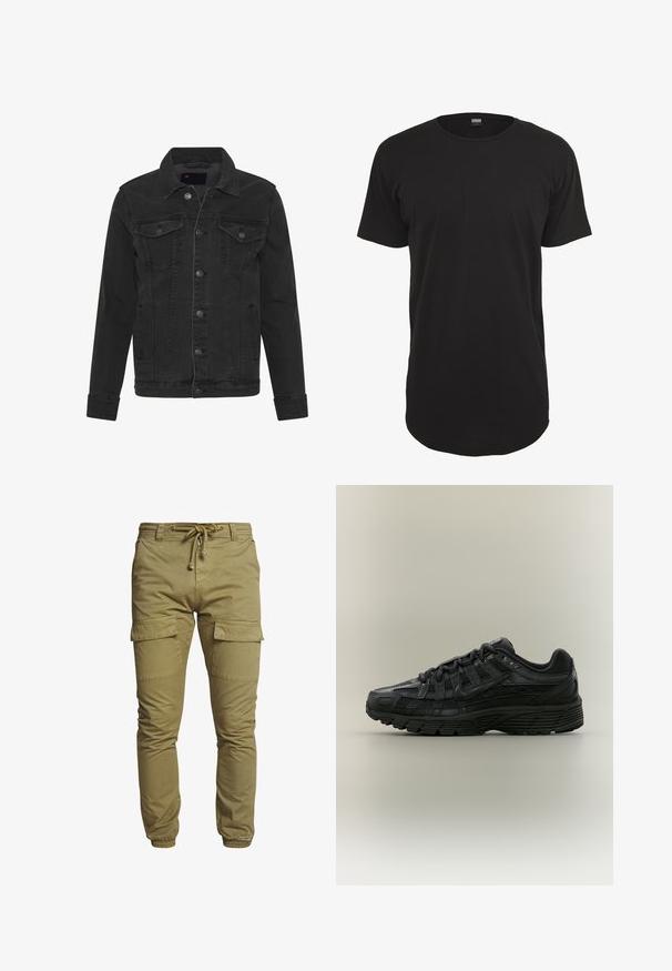 Denim Project DPMKASH DENIM JACKET - Veste en jean - grey; T-shirt noir à manches courtes en coton. Présente un col rond et une coupe droite avec un ourlet arrière légèrement plus long. Texture douce.; Pantalons cargo kaki avec poignets élastiques, taille à cordon de serrage et deux grandes poches latérales. Fabriqués en mélange de coton, avec une texture lisse.; Chaussure de course Nike noire avec tige en mesh et synthétique, fermeture à lacets et semelle texturée, vue de côté gauche sur fond uni.