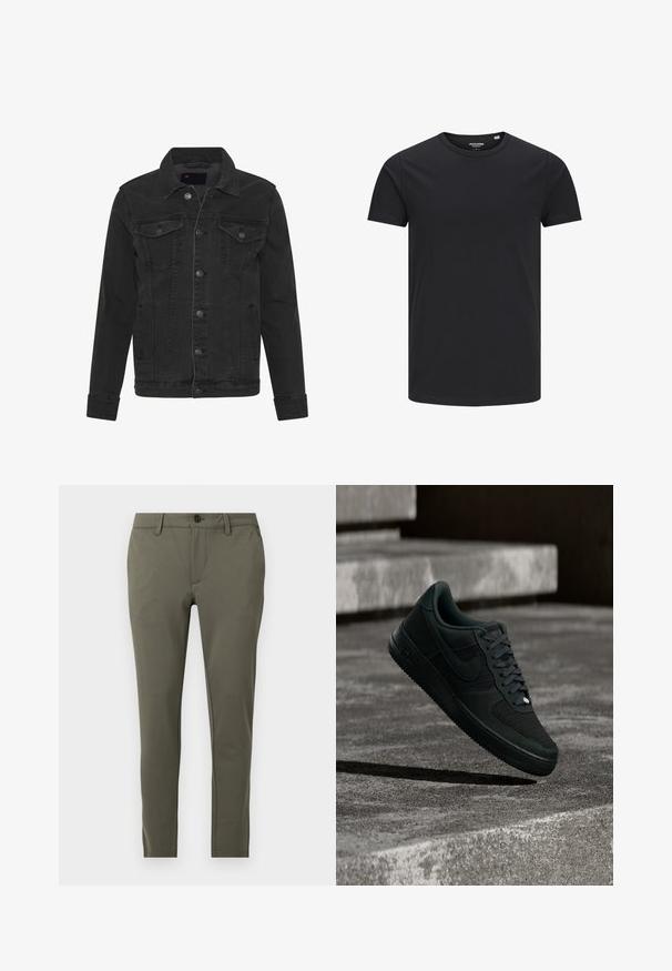 Denim Project DPMKASH DENIM JACKET - Veste en jean - grey; T-shirt en coton noir avec un col rond, des manches courtes et un design simple. Texture lisse, sans motifs ni éléments visibles.; Pantalon slim vert olive avec fermeture avant par bouton et zip, passants pour ceinture et poches latérales sur un fond uni clair.; Baskets Nike Air Force 1 noires avec détails en mesh et cuir, flottant au-dessus de marches en béton texturé dans une lumière tamisée.