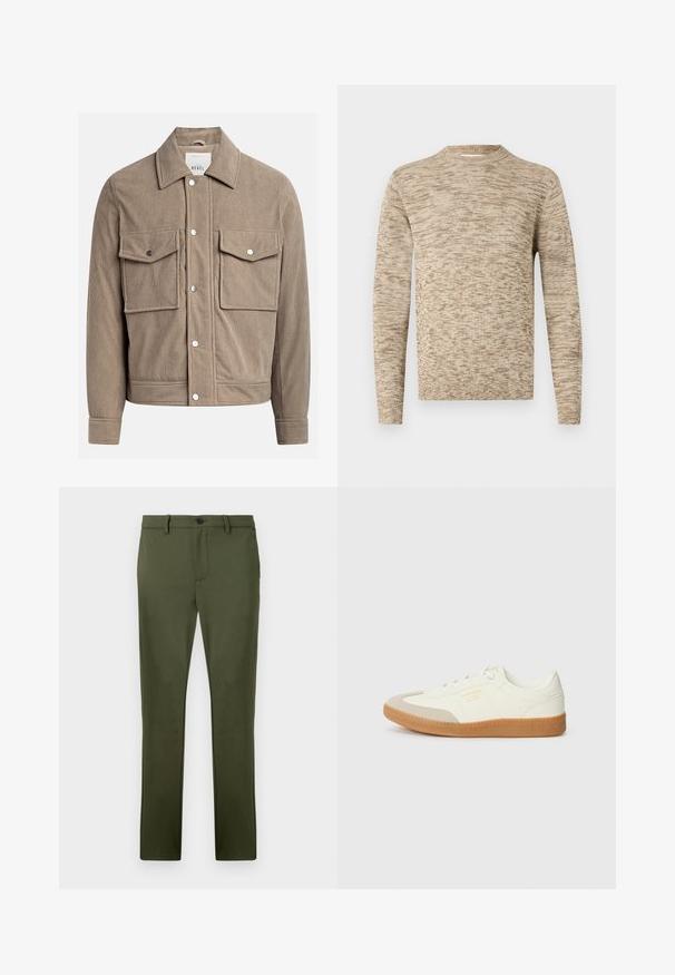 Veste en velours côtelé beige avec un devant à boutons, deux poches poitrine et une texture côtelée. Comprend des boutons-pression en métal et un col.; Pull en tricot marbré beige et marron clair avec des manches longues et un col rond côtelé, présenté sur un fond blanc.; Pantalon vert olive en tissu lisse, avec une coupe droite, des poches avant et une fermeture à un bouton. Détails de design minimalistes.; Baskets en cuir blanc avec une coque beige et une semelle en caoutchouc marron clair. Dotées de lacets blancs plats et d'un logo embossé sur le côté.