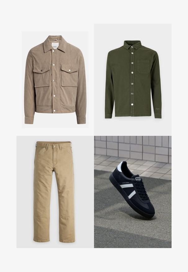 En tan corduroyjakke med knaplukning foran, to brystlommer og ribbet tekstur. Den har metaltrykknapper og en krave.; Denim Project DPMDPSTITCH DETAIL DENIM SHIRT - Skjorter - duffel bag green; Khakifarvede bomuldssbukser med lige ben, forlommer og knaplukning. Glat tekstur og forstærkede sømme for holdbarhed.; Sort lædersneaker med hvide striber, tekstureret gummisål og snørrebånd foran. Har et brandet mærke på tungen.