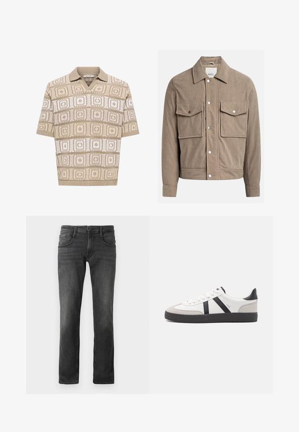 Veste en velours côtelé beige avec un devant à boutons, deux poches poitrine et une texture côtelée. Comprend des boutons-pression en métal et un col.; Polo en maille beige à manches courtes avec motifs géométriques carrés et losanges en beige et blanc, col et poignets côtelés.; Jean en denim gris foncé avec une coupe droite, style cinq poches et détails de décoloration subtils. Fermeture à bouton à l'avant et passants de ceinture.; Baskets blanches avec des accents noirs et gris, présentant un embout texturé gris, une semelle en caoutchouc noir et des lacets plats blancs. Design épuré, style minimaliste.