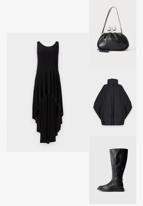 Henrik Vibskov DUVET - Vinterfrakke - black; Sort ærmeløs kjole med en rund udskæring, der har en kaskade asymmetrisk kant og plisseret tekstur over det hele på overdelen.; Sorte læderknæhøje støvler med rund tå, let struktureret overdel og gummisål. Har en sideløsning for nem påtagning.; Sort læderhåndtaske med opsamlet design, en enkelt rem, sølv metalramme og to store runde sølv lukninger.