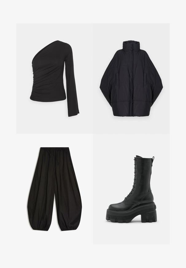 Henrik Vibskov DUVET - Vinterfrakke - black; Asymmetrisk langærmet top i sort, med en sammensamlet side for tekstur og en tætsiddende silhuet. Lavet af blødt, strækbart materiale.; Sorte vidde bukser med elastisk talje og samlede elastiske manchetter, lavet af let stof.; Sort læder snørebod med en høj platformsål, der har en rund tå, lynlås i siden og tekstureret sål for bedre greb.