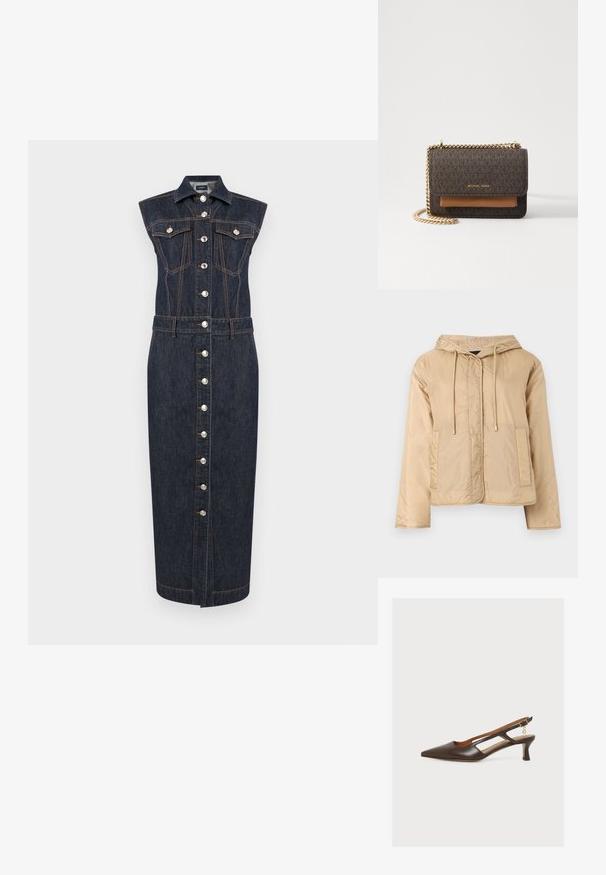 Veste légère beige à capuche avec manches longues, poches avant, cordons de serrage et fermeture avant dissimulée.; Robe midi en denim foncé sans manches avec fermeture à boutons sur le devant, deux poches à rabat sur la poitrine, un col et des surpiqûres contrastantes orange.; Chaussure slingback pointue marron foncé avec talon moyen, côtés découpés et un petit pendentif doré suspendu à la boucle de la bride de cheville.; Sac à main marron à motifs avec une bandoulière en chaîne dorée et une finition en cuir beige. Fermeture à rabat magnétique. Fabricant : Michael Kors.